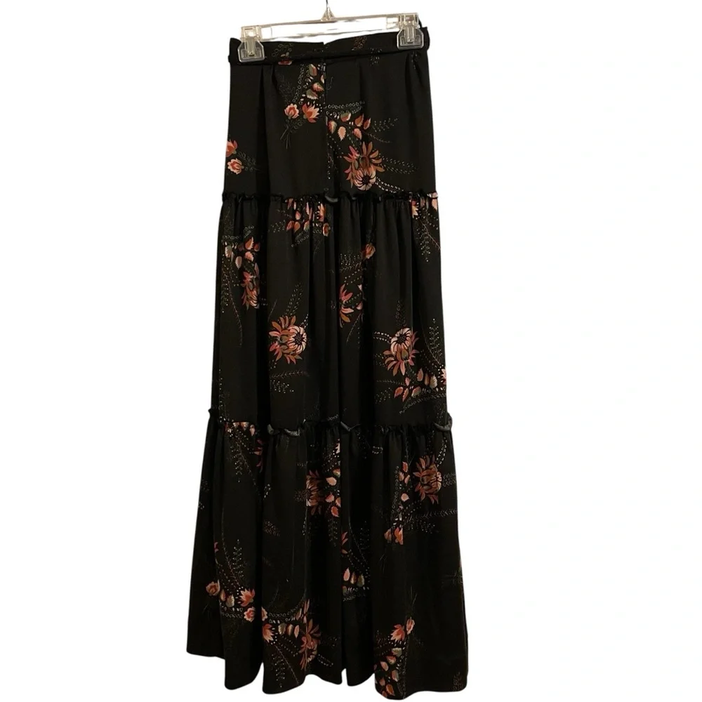 VINTAGE 70s Floral Black Ruffle Tier Maxi Skirt Prairie Hippie Boho Whimsigoth